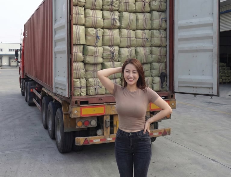 international export buyer standing behind a container of dried Gracilaria seaweed, Indonesia