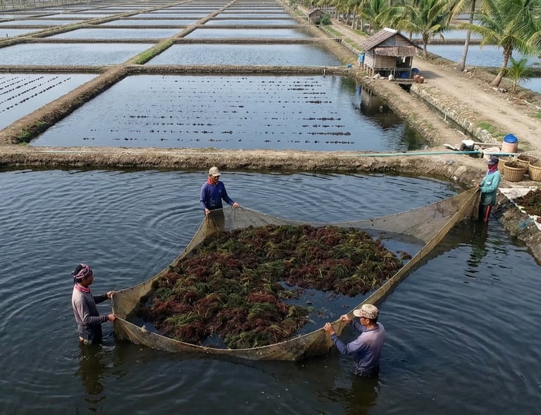 Indonesian farmers harvesting Gracilaria seaweed in Banten ponds, Indonesia