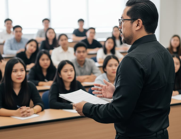 a man in a black shirt and glasses is standing in front of a classroom