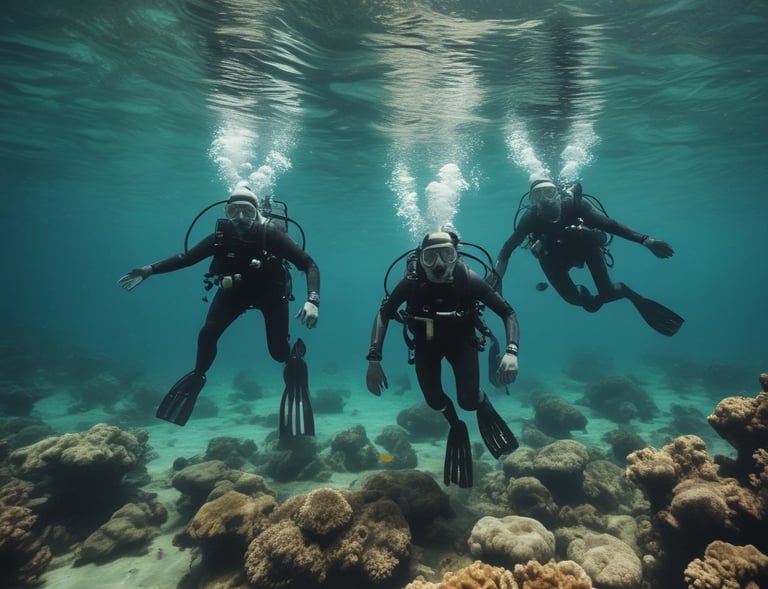 A person wearing snorkeling gear is diving underwater surrounded by a school of striped fish. The diver is moving gracefully above a vibrant coral reef immersed in the deep blue ocean. Bubbles and sunlight filtering through the water create a serene, immersive atmosphere.