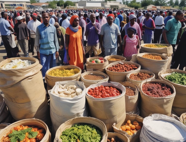 An overflowing donation bin with clothes spilling out onto the wet pavement. It is placed in a parking lot under overcast skies, surrounded by barren trees and parked vehicles.