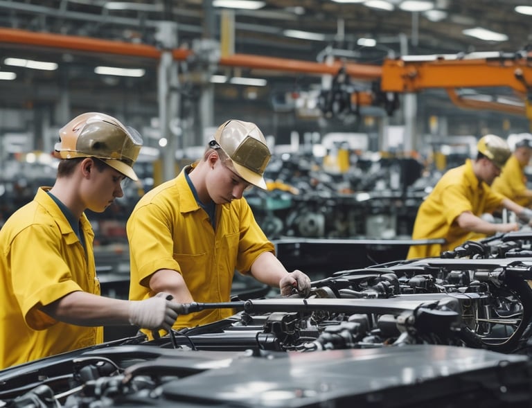 Four workers are engaged in an industrial setting, possibly an oil rig or construction site. They are wearing protective clothing and helmets, surrounded by heavy machinery and equipment. The environment suggests manual labor and teamwork.