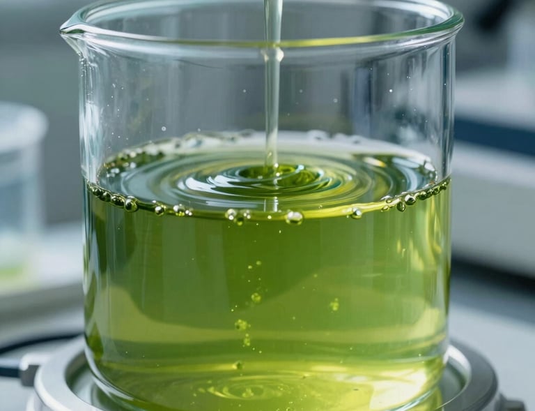 Vibrant pure chlorella liquid culture circulating inside a modern glass laboratory container with a high-tech clinical glow.