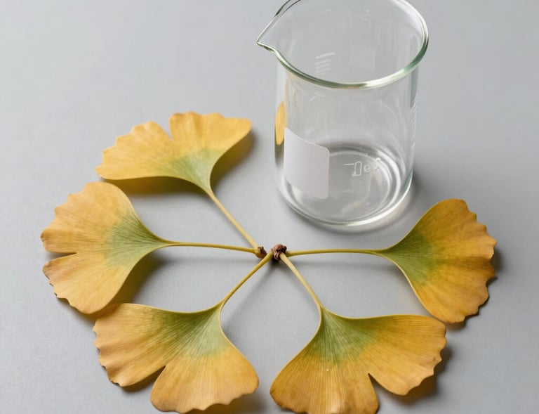 Beautifully styled composition of golden-green Ginkgo Biloba leaves carefully arranged next to a professional glass beaker on a minimalist sterile surface.