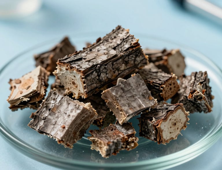 Extreme close-up texture shot of organic pine bark extract chunks on a clean glass plate, illuminated by soft blue clinical accent lighting in a North American medical clinic style.