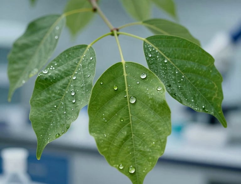Detailed macro photography of clean, fresh green Moringa leaves shimmering with fine water droplets in a clinical research laboratory setting.
