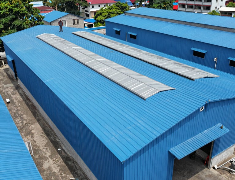 A modern industrial facility with a freshly completed metal sheet roof, showcasing the clean, professional finish.
