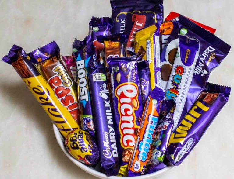 a bowl of chocolate bars
