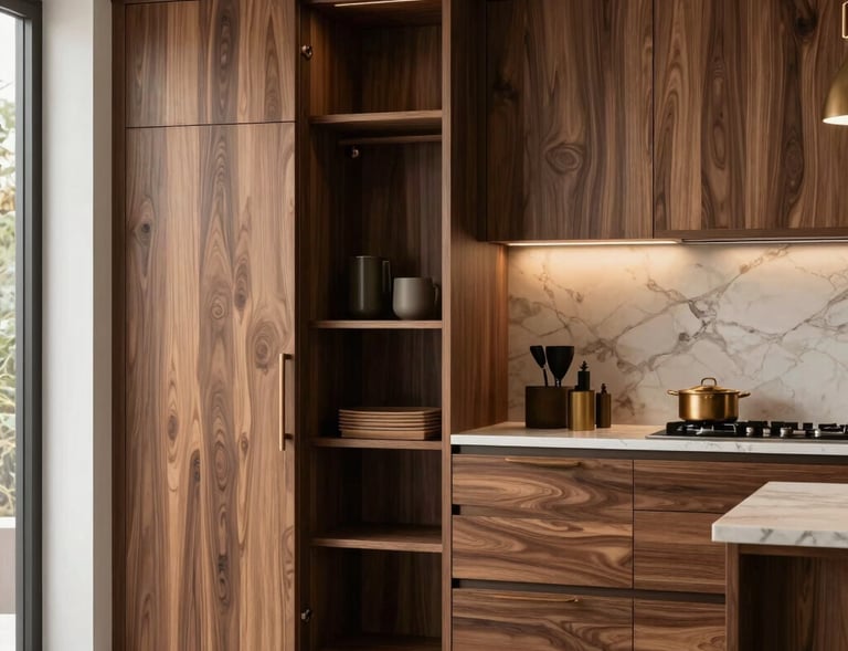 A luxurious kitchen setting with metal accents, glass splashbacks, and premium appliances seamlessly integrated.