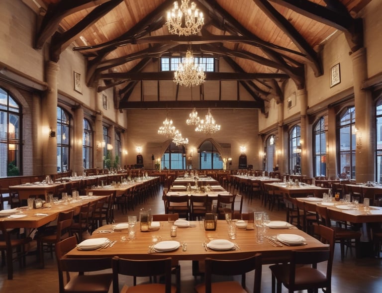 Cozy interior of the local restaurant with warm lighting and wooden tables.