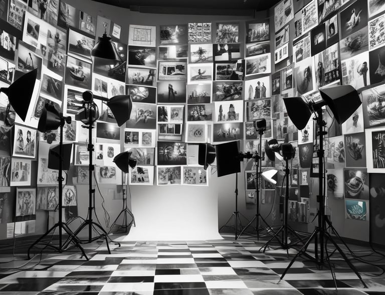 A shopping mall interior featuring an escalator and a tall, brightly lit pillar with colorful graphics and text. The pillar displays arrows, geometric patterns, and phrases like 'Enjoy' and 'Empower the Youth's Nextperience.' The surrounding area includes modern decor and ambient lighting.