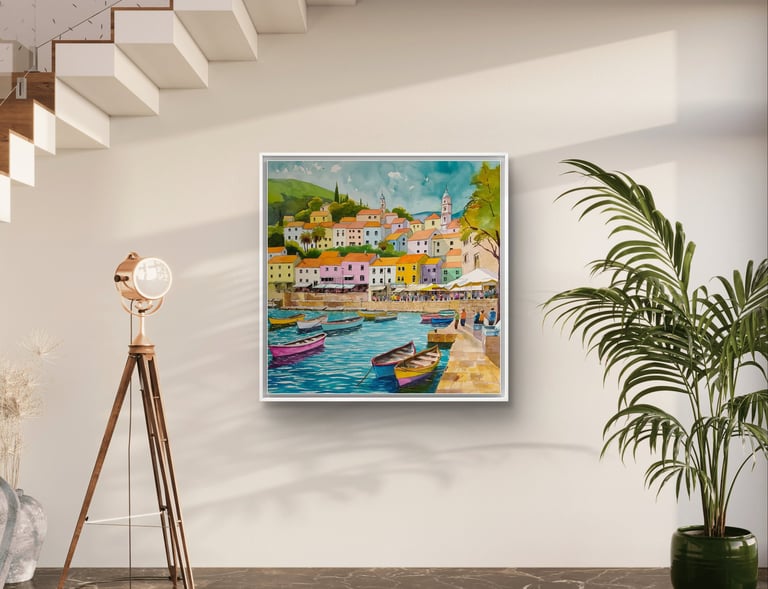 a painting of a boat in a living room