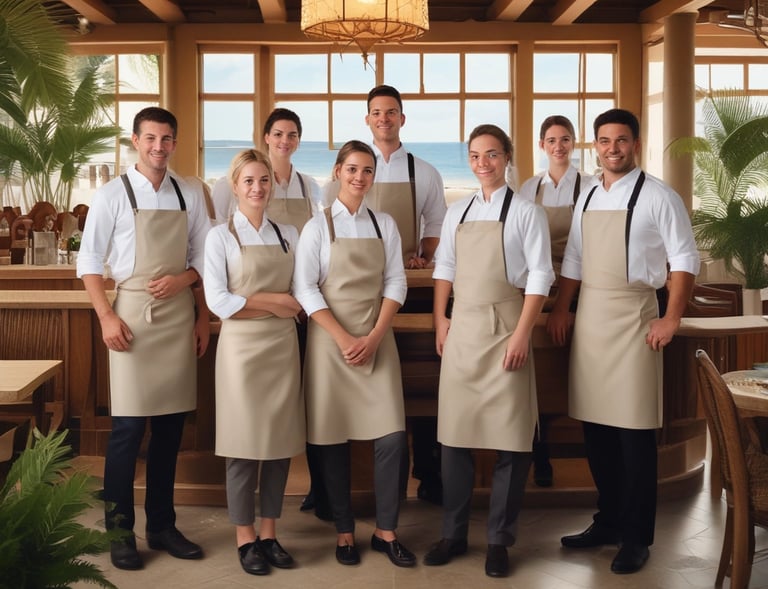 An outdoor view of a restaurant called Sunset Beach, featuring orange and white striped awnings. The setting includes trees with lanterns hanging from branches above. Seating is visible inside with open doors, and several plants are arranged around the restaurant.