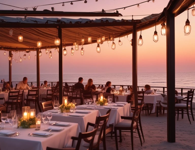 A seaside restaurant with people dining under a red awning. The building is situated on rugged rocks by the ocean, with waves crashing in the background. A blue railing separates the dining area from the rocks and ocean. The sky is partly cloudy, creating a serene coastal atmosphere.