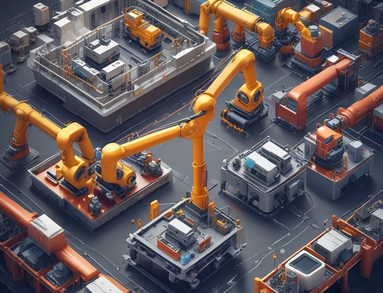 A person is operating a large industrial machine in a factory setting. The machine has a blue exterior with a control panel featuring numerous buttons and a screen. The factory environment includes visible pipes, control boxes, and other equipment.