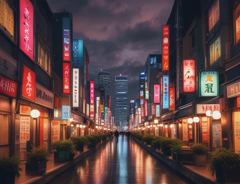 An inviting street view of a small Japanese eatery adorned with bright paper lanterns and an array of signs in Japanese script. The entrance is warmly lit with a mix of red and white lights, and there is a prominent Daruma doll decoration. Menus and promotional posters flank the doorway while a tree with autumn leaves stands nearby.