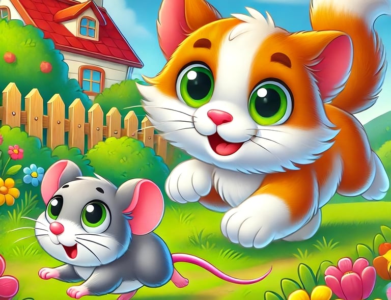 Un gato y un ratón jugando en un jardín. 