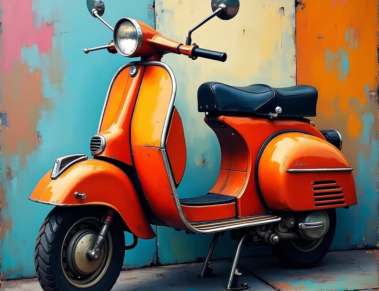 Moto Vespa antigua (vintage) de color naranja en un cuadro estilo cubista con colores vivos
