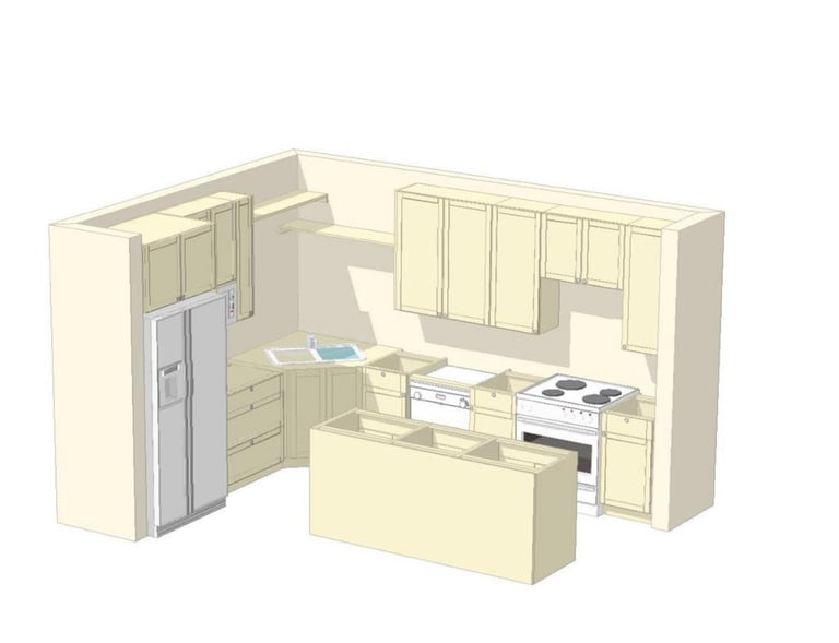 3D rendering of a custom kitchen layout with RTA cabinets, corner base units, tall pantry, and islan