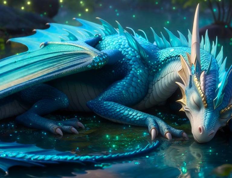 Blue dragon sleeping by a glowing, spark-filled lake.