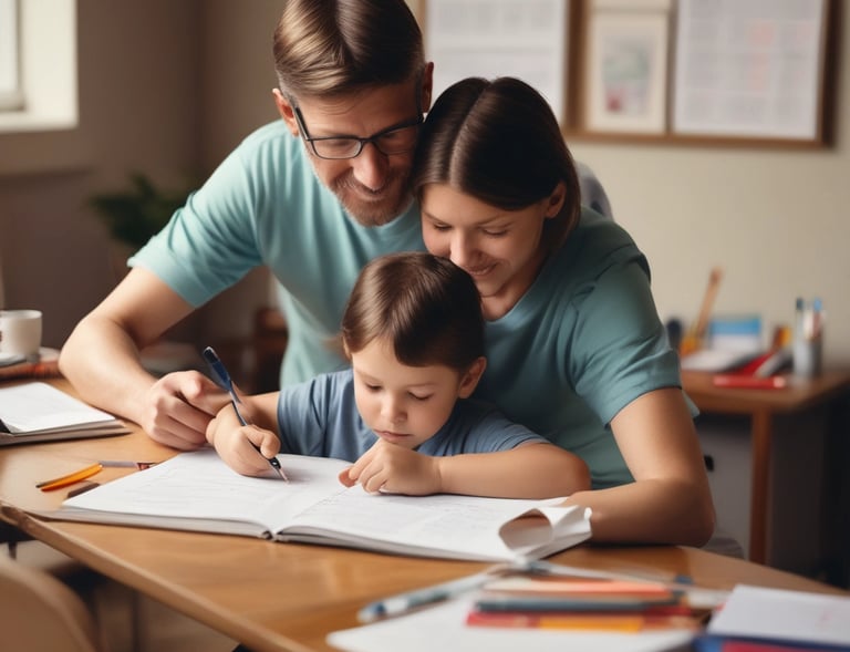 A young child and an adult are sitting at a wooden desk in a classroom, focusing on some written materials. The adult is holding a notebook and appears to be helping the child, who is intently looking at papers on the desk. Nearby are pencils and other school supplies.