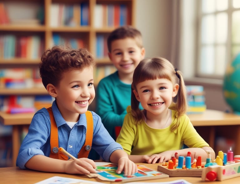 A group of young children sits at wooden desks in a classroom setting, with a teacher assisting them. The children are engaged in writing or drawing activities, wearing clothing typical of an earlier era. The teacher leans over to help some of the children, indicating an interactive and attentive learning environment. The room has a minimalist design with a blackboard and simple furniture.