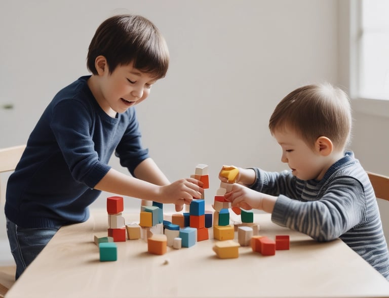 two children playing with blocks and blocks on a table