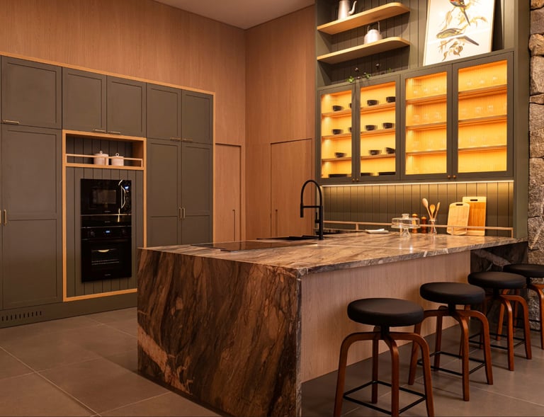 a kitchen with a marble counter top and bar stools