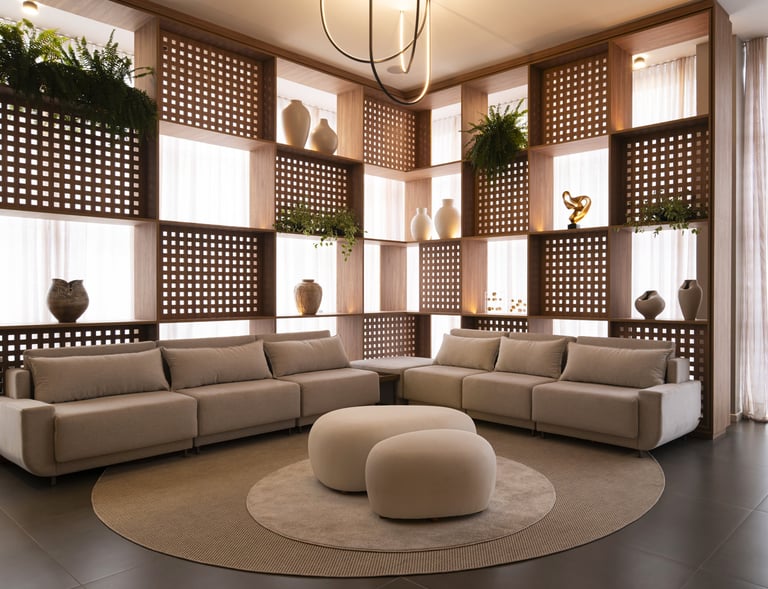 a living room with a couch and a large rug