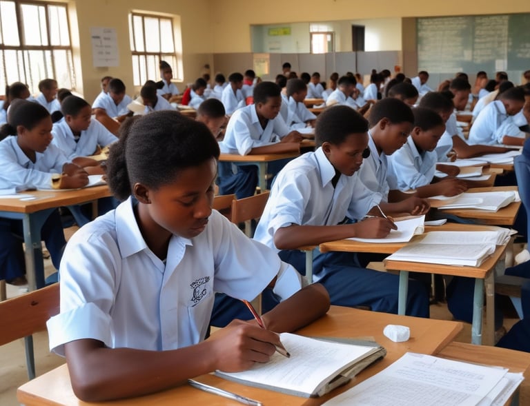 Two individuals are seated at a wooden table in a classroom or office setting. One person, wearing a gray t-shirt, is writing in a notebook, while the other, dressed in a suit, observes and offers guidance. The room appears to have minimal lighting, with a soft natural light coming through the windows.