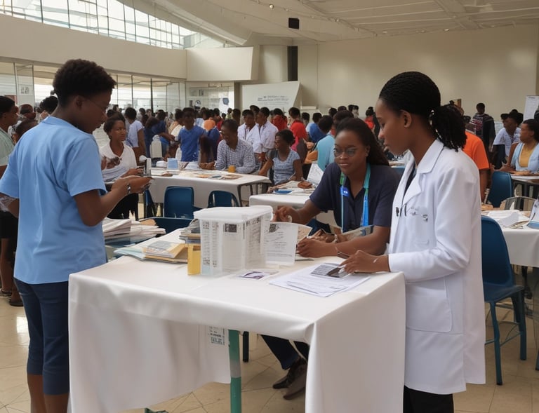 A conference or seminar setting with a speaker at a podium adorned with a blue cloth and floral arrangement. Behind the speaker are several banners and posters featuring organizations such as the Australian National University and themes like development policy. Attendees are seated in the foreground, one taking a photo with a phone.
