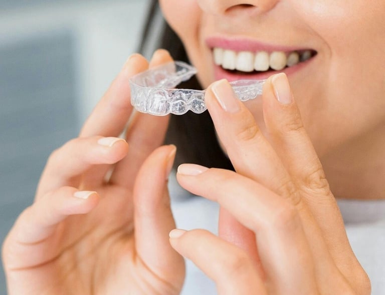 A girl holding clear castle transparent aligners in hand to wear for her tooth alignment