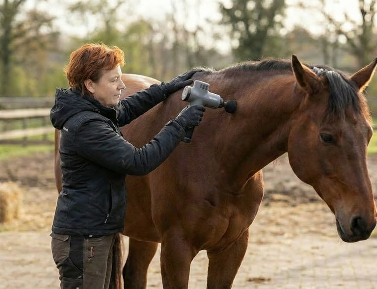 A trainer uses a handheld percussion massage gun on a bay horse for equine muscle recovery.