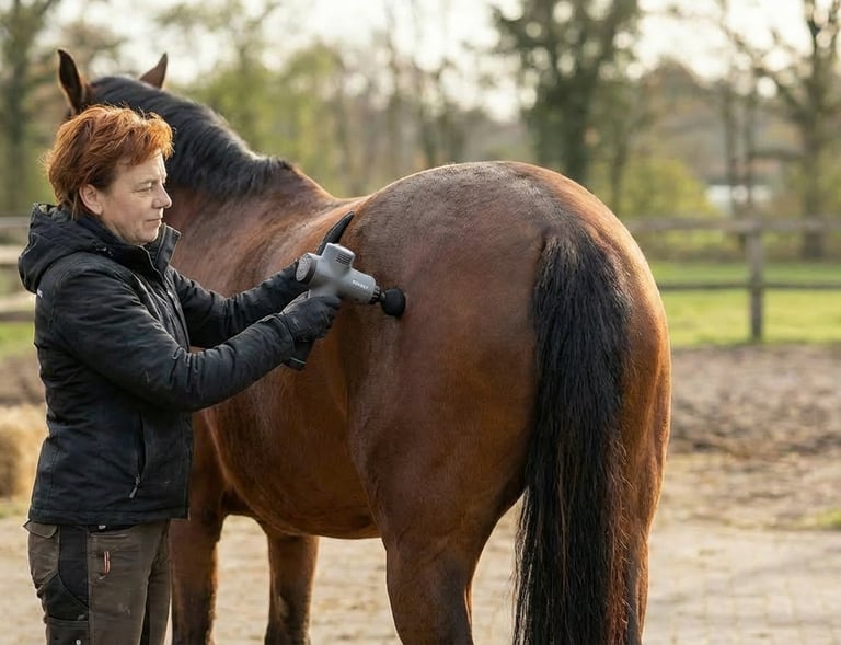 A woman using a percussive massage gun on a bay horse's hindquarters for equine muscle recovery.