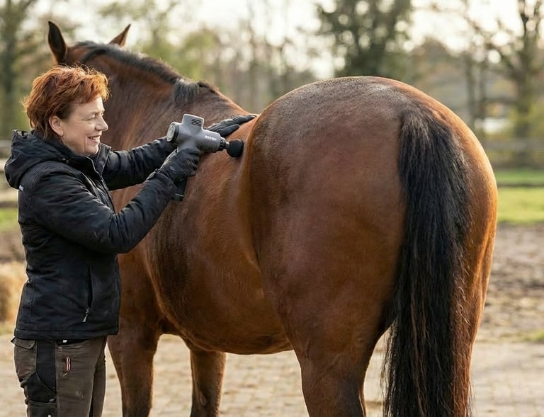 A woman using a handheld massage gun for equine muscle therapy on a brown horse at a ranch.
