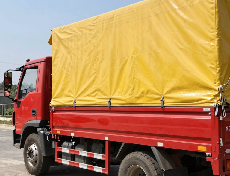 A worker measuring and cutting a roll of blue PVC tarpaulin.