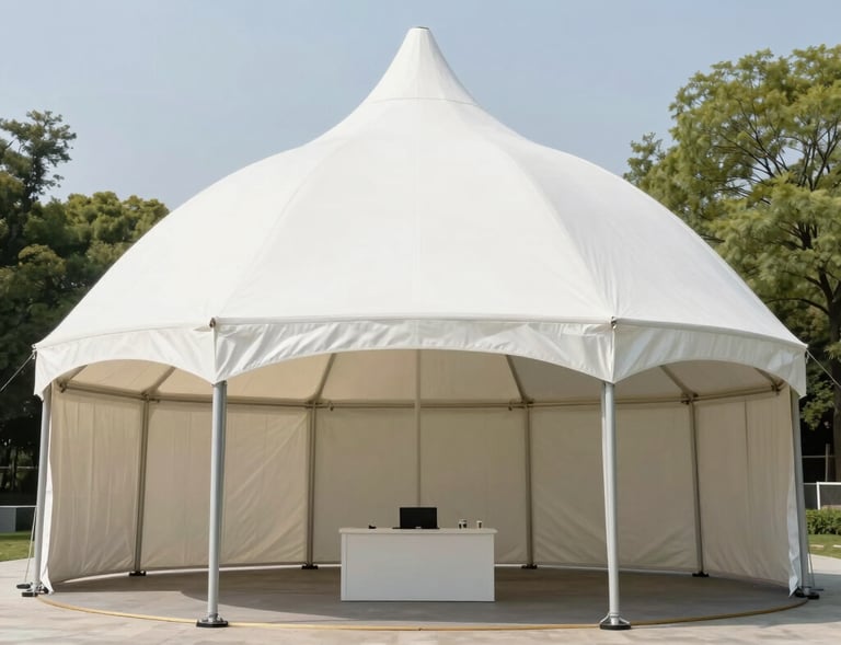 Rolls of blue and gray PVC tarpaulin neatly stacked in a warehouse.