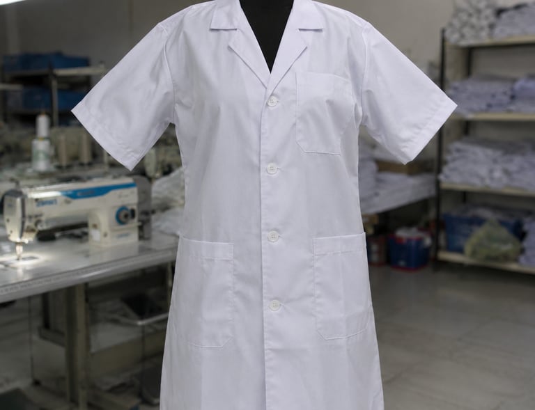 Professional long-sleeved white lab coat for doctors and scientists hanging on a black hanger.