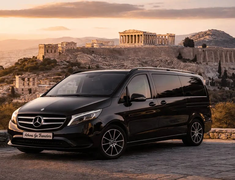 Luxury Mercedes-Benz Vito W447 by Athens Go Transfers parked at a scenic viewpoint overlooking the Acropolis in Athens Greece