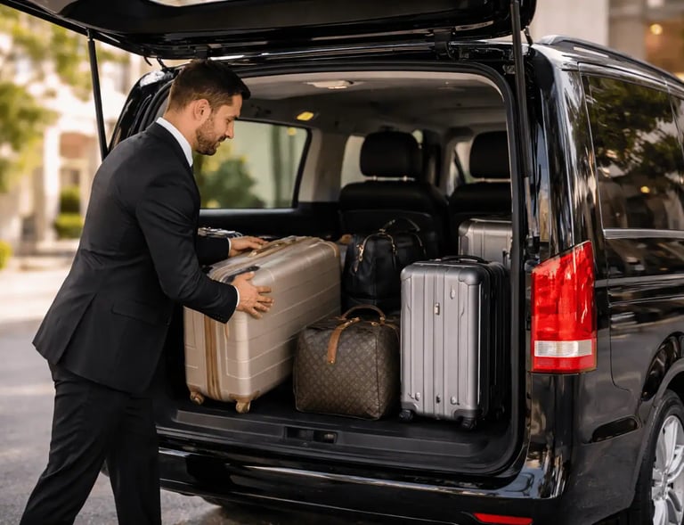 Chauffeur loading suitcases into the spacious trunk of a Mercedes-Benz Vito W447