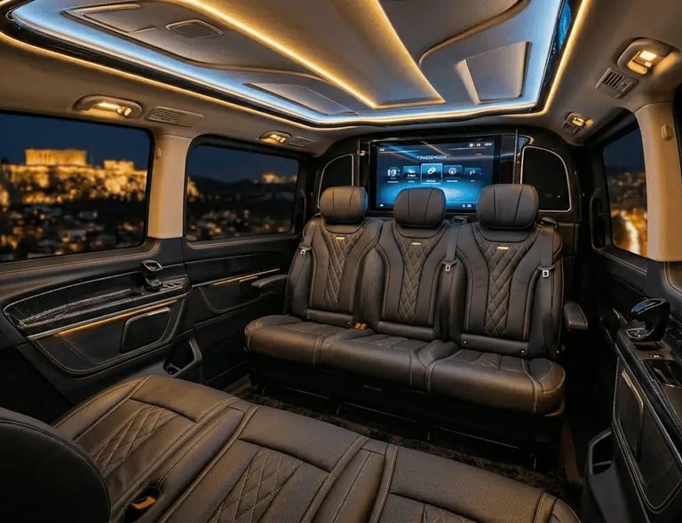 Luxury interior of Mercedes-Benz Vito with 8 leather seats and golden ambient lighting for group travel