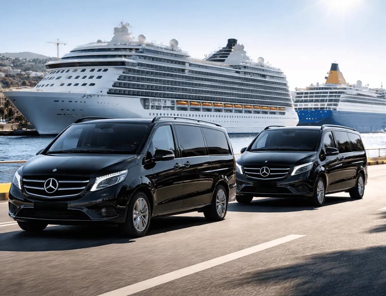 Luxury black Mercedes minivan at Piraeus Port for cruise ship passenger transfers