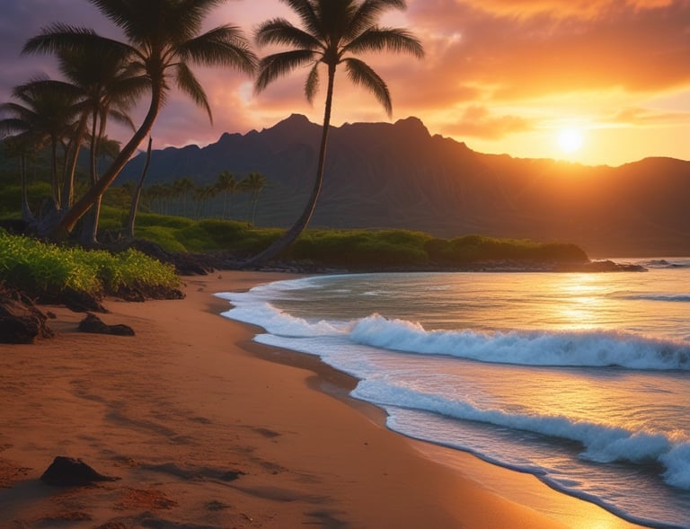 A vibrant beach sunset with travelers enjoying the calm sea and palm trees.