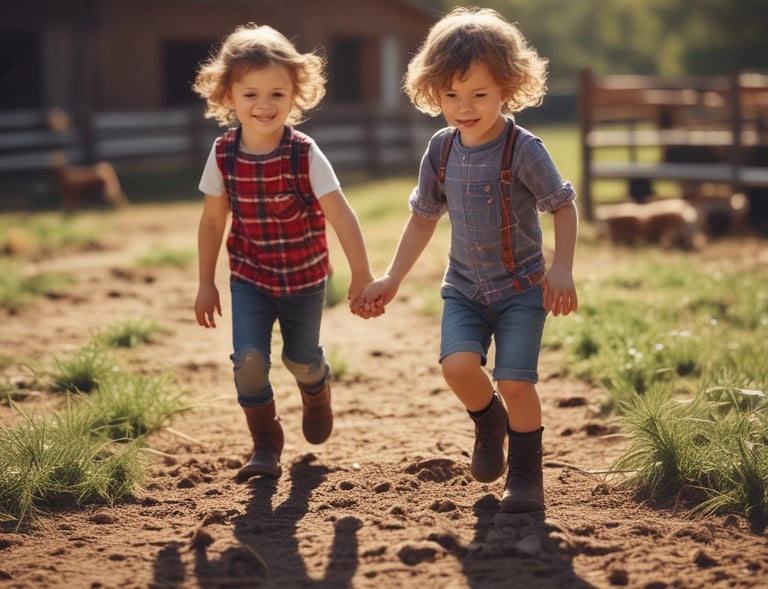 Smiling children enjoying a calm moment sitting on logs, surrounded by lush greenery.