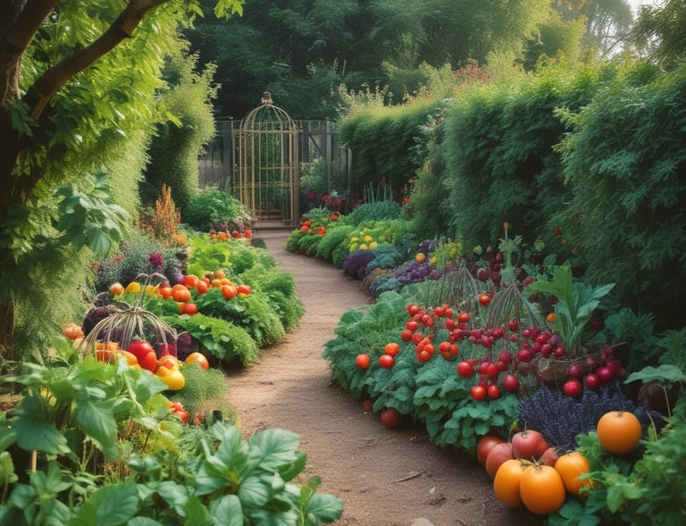Close-up of colorful vegetables growing vibrantly in neat rows surrounded by green foliage.