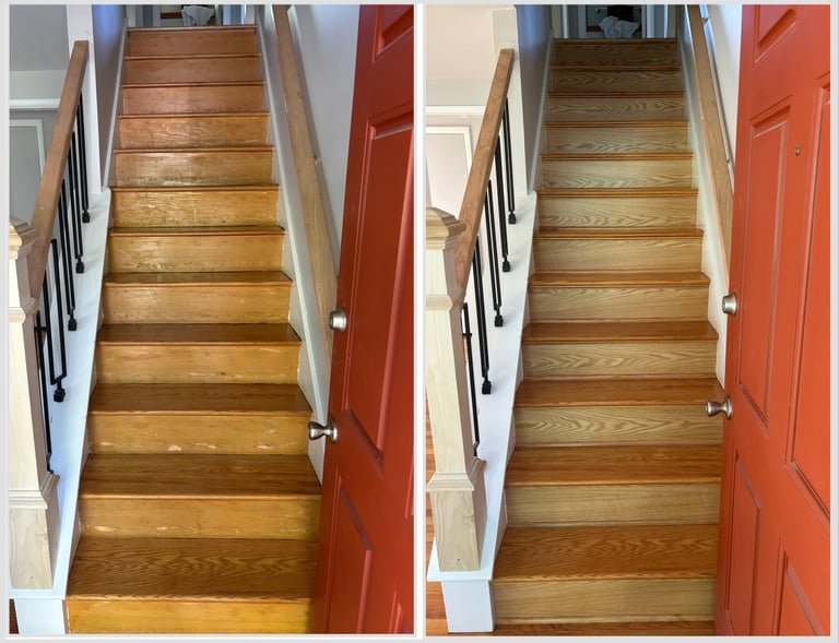 Hardwood floor refinished staircase with added risers, shoe mold, and cove