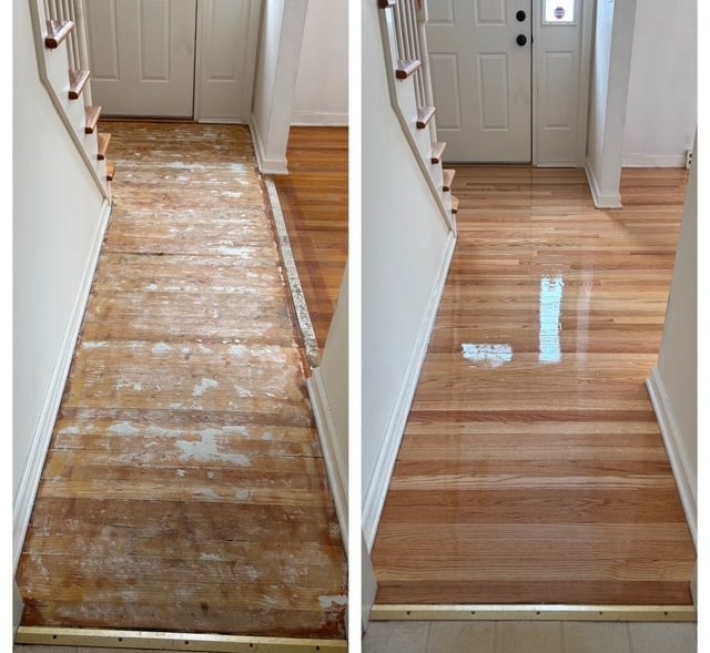 Refinished hardwood floor with old glue in entry way