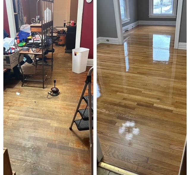 Before and after of refinished hardwood floors in dining room 