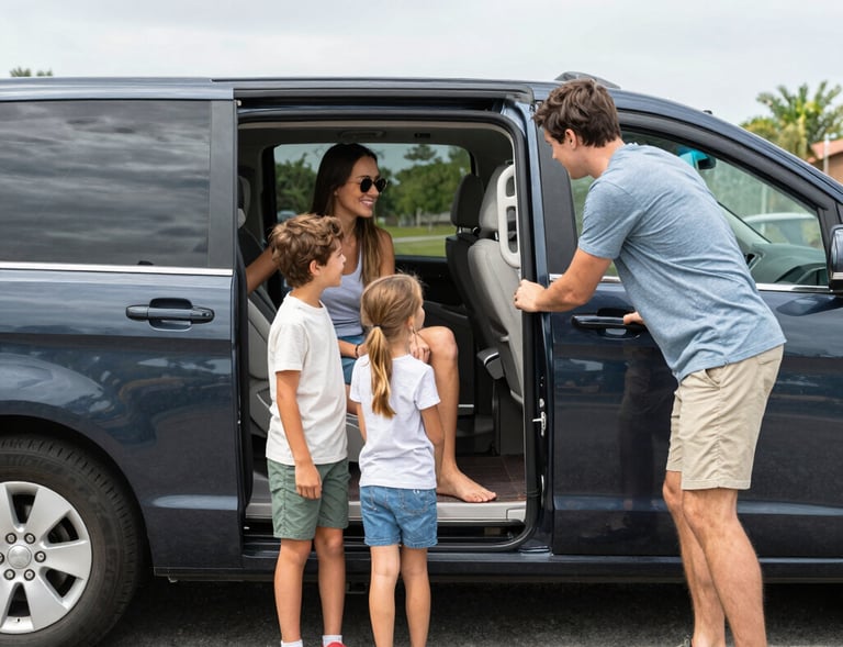 Mobile service van fully equipped with tools and parts, parked outside an office building.