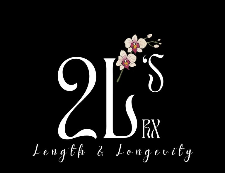 Black and white image of logo for 2Ls Length and Longevity in Bowmanville. Orchid in image.